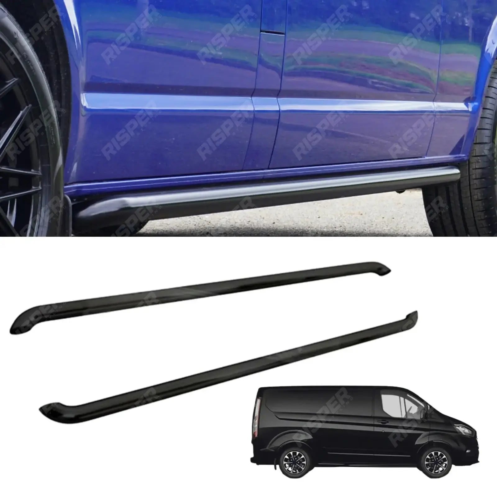 2.4 Inch Gloss Black STX Style Sportline Side Bars Pair For Ford Transit Custom Lwb 2018-2023
