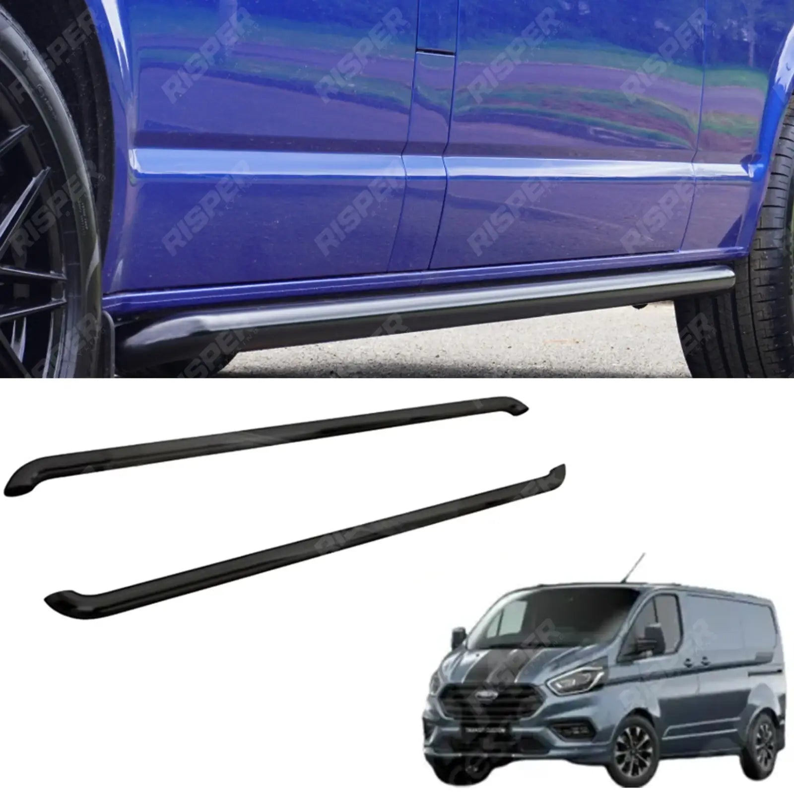 2.4 Inch Gloss Black STX Style Sportline Side Bars Pair For Ford Transit Custom Swb 2018-2023