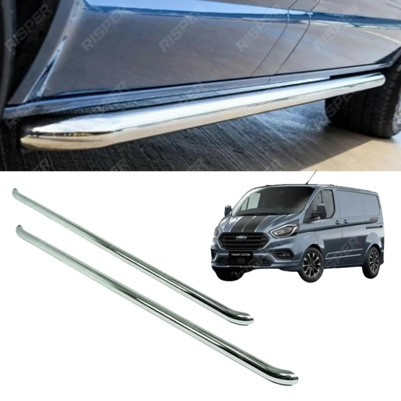 2.4 Inch Stainless Steel STX Style Sportline Side Bars Pair For Ford Transit Custom Swb 2018-2023