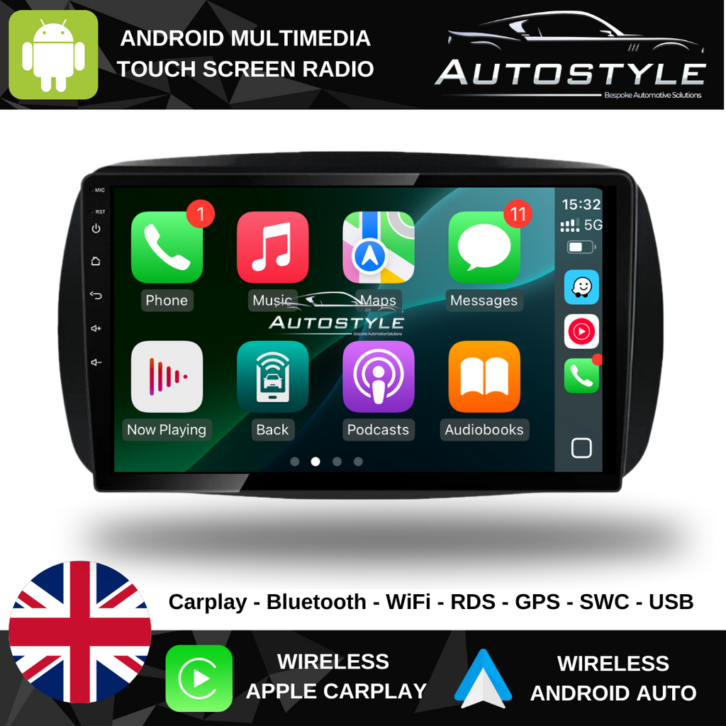 Mercedes-Benz Smart for Two/Four Apple Carplay / Android Auto 9" Stereo Upgrade 2014-2021