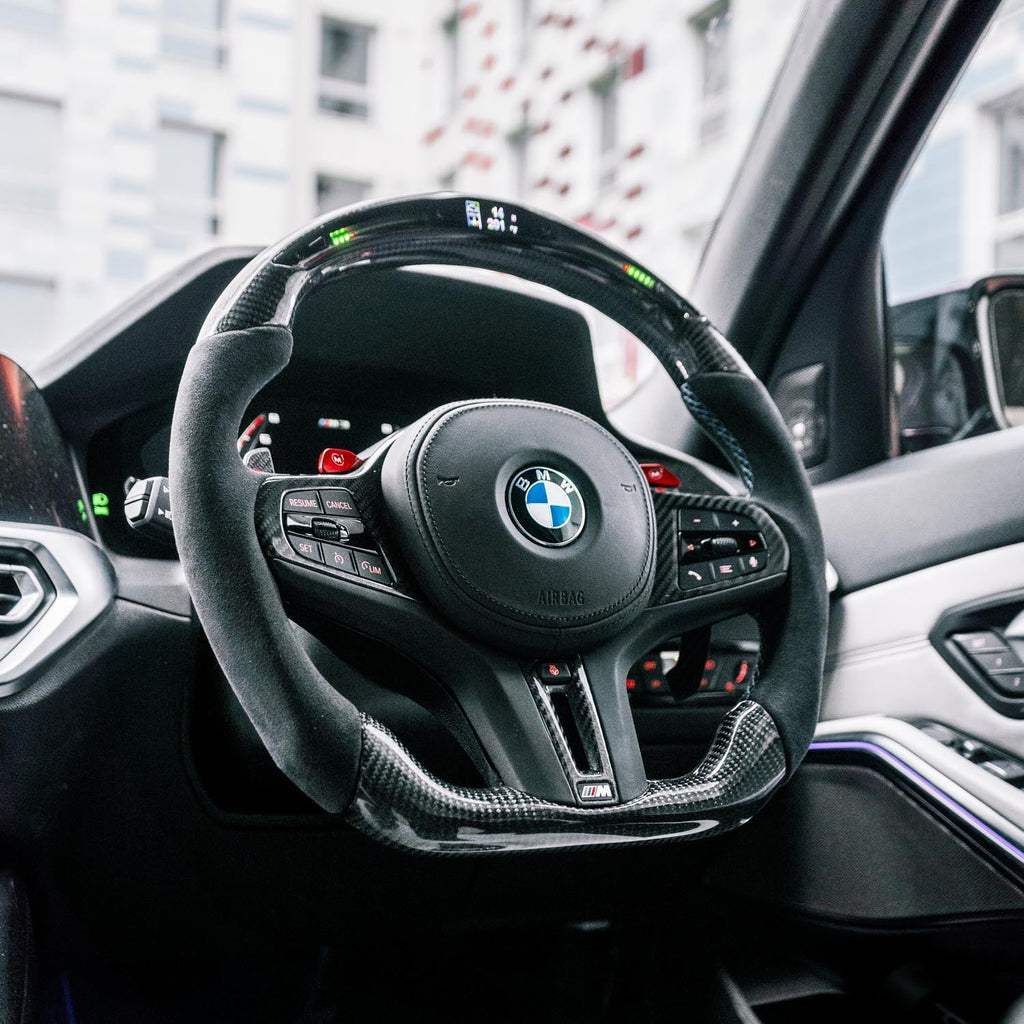 SHFT BMW G8X Flat Bottom Steering Wheel In Gloss Carbon Fibre & Alcantara With LED Display (G80 M3, G82 M4 & G87 M2)