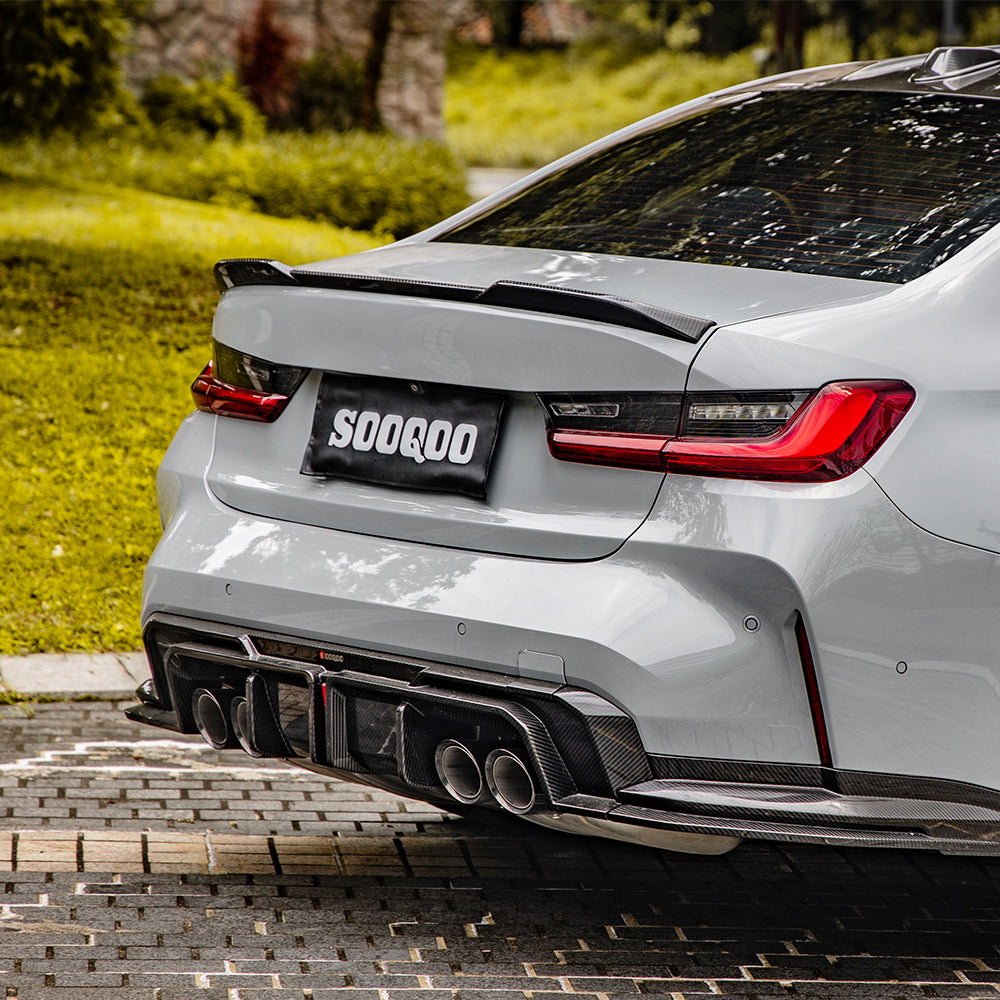 SooQoo BMW G80 & G81 M3 Rear Diffuser With Brake Light + Rear Splitters In Gloss Carbon Fibre