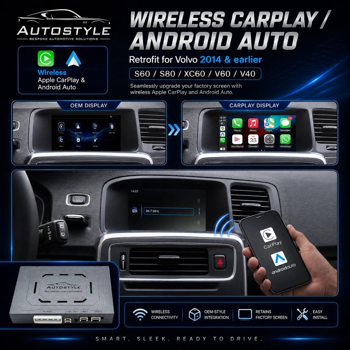 Wireless Apple CarPlay/Android Auto for Volvo S60 S80 XC60 V60 V40