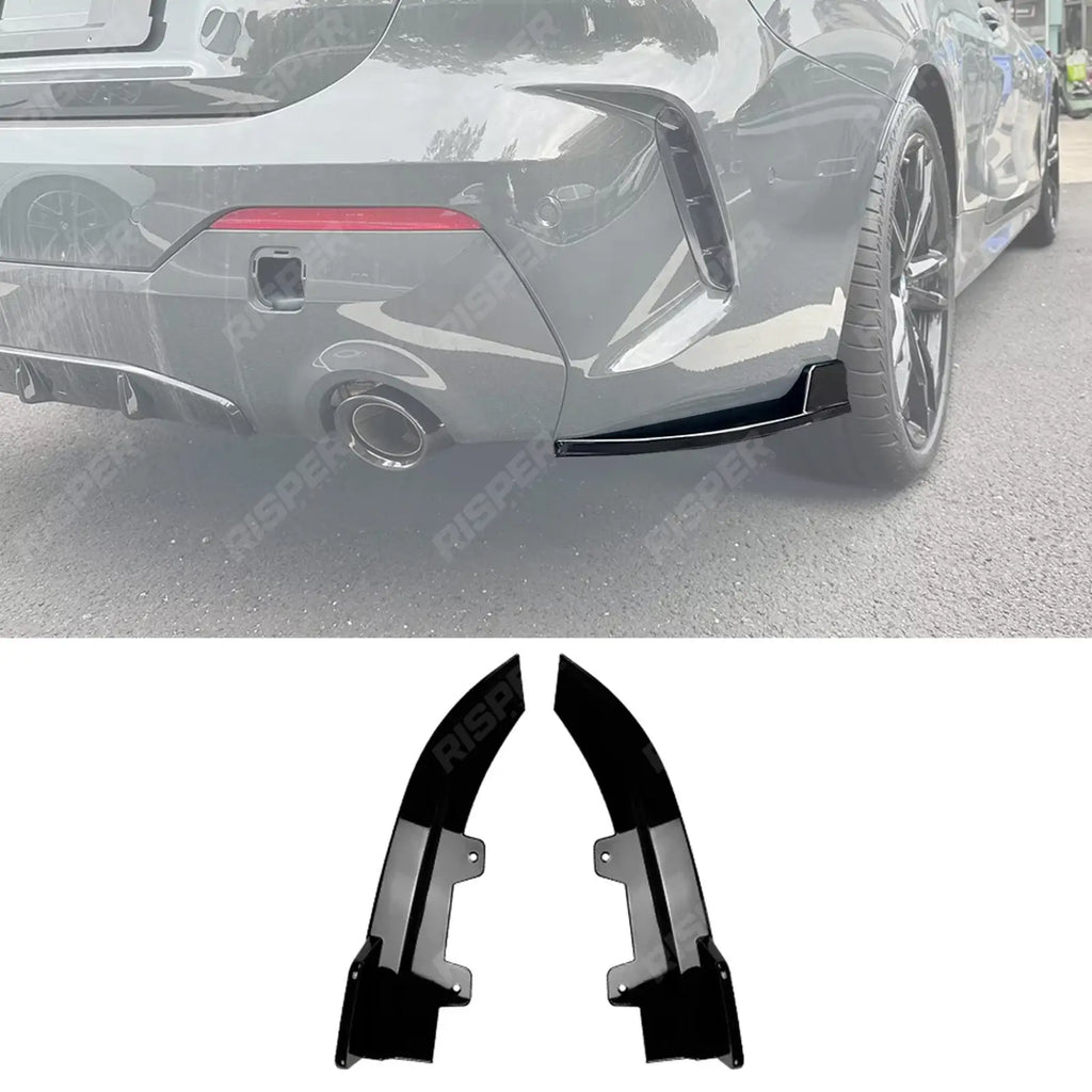 BMW 4 SERIES G22 G23 M SPORT 2020+ REAR BUMPER CORNER SPLITTERS IN GLOSS BLACK