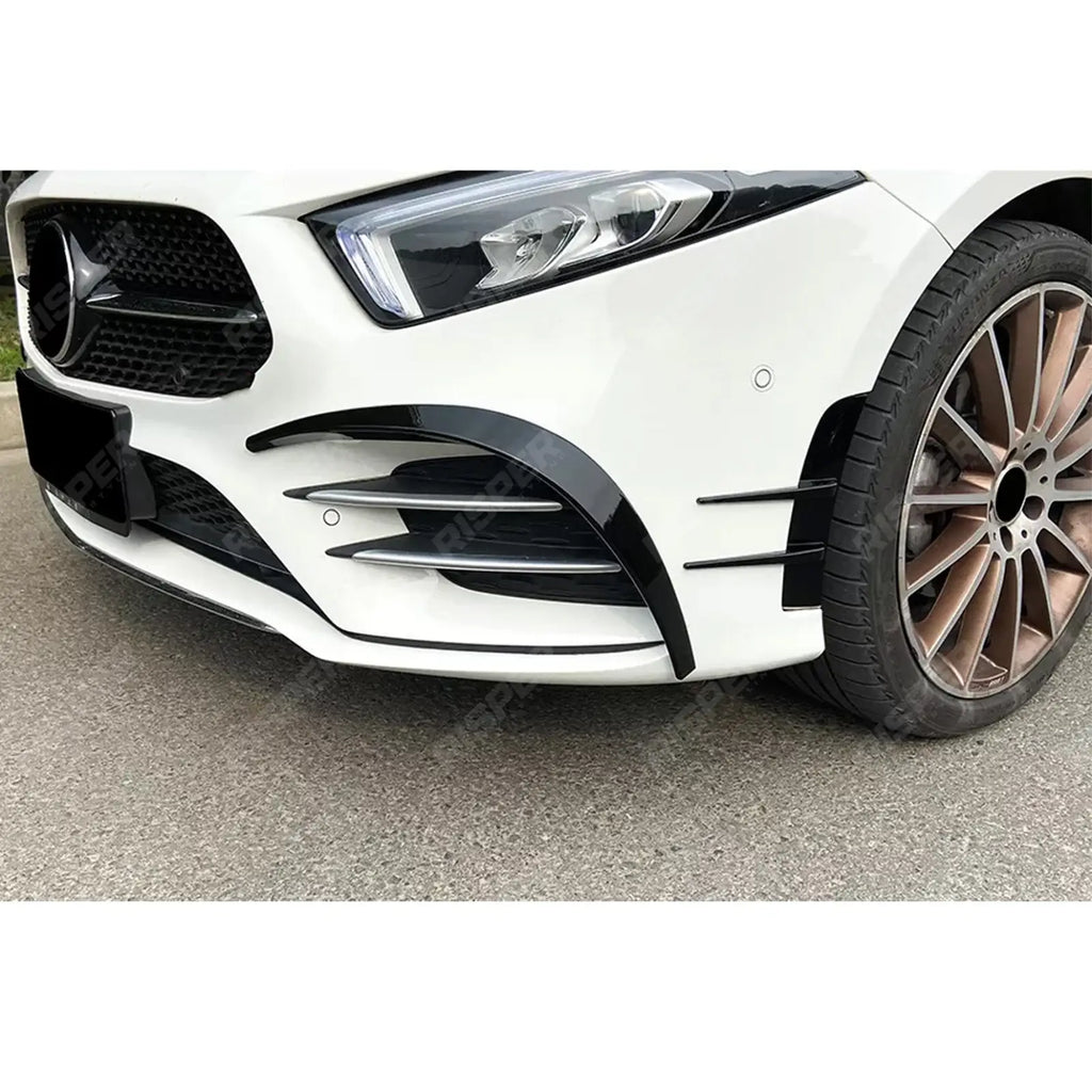 FRONT CANARDS IN GLOSS BLACK For MERCEDES A CLASS AMG LINE 2018-2024 SEDAN / HATCHBACK