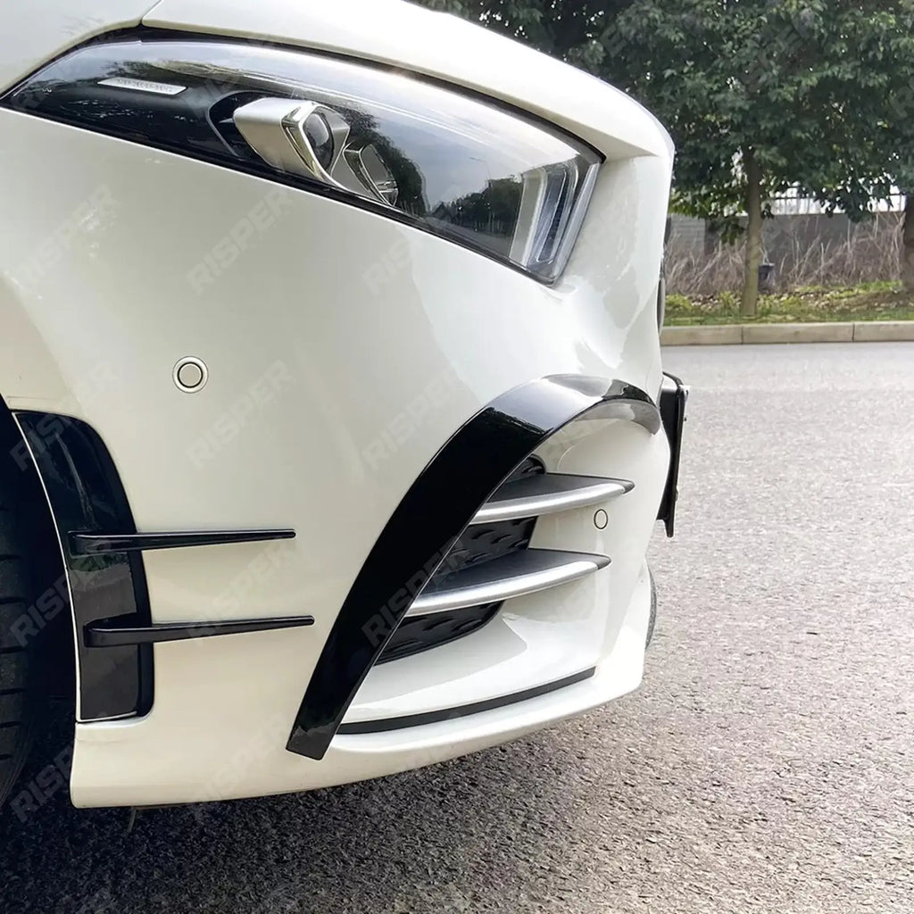 FRONT CANARDS IN GLOSS BLACK For MERCEDES A CLASS AMG LINE 2018-2024 SEDAN / HATCHBACK