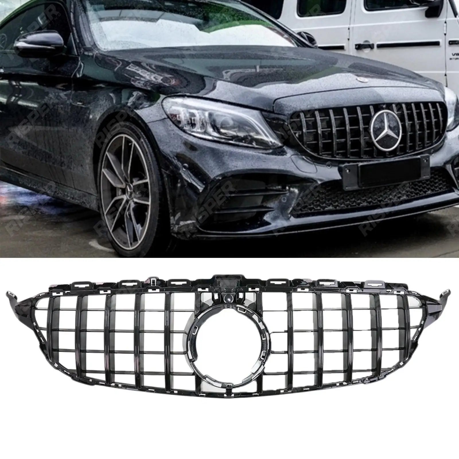 Front Grill Panamericana GT R Style All Black For Mercedes C-Class W205 Facelift 2018-2020