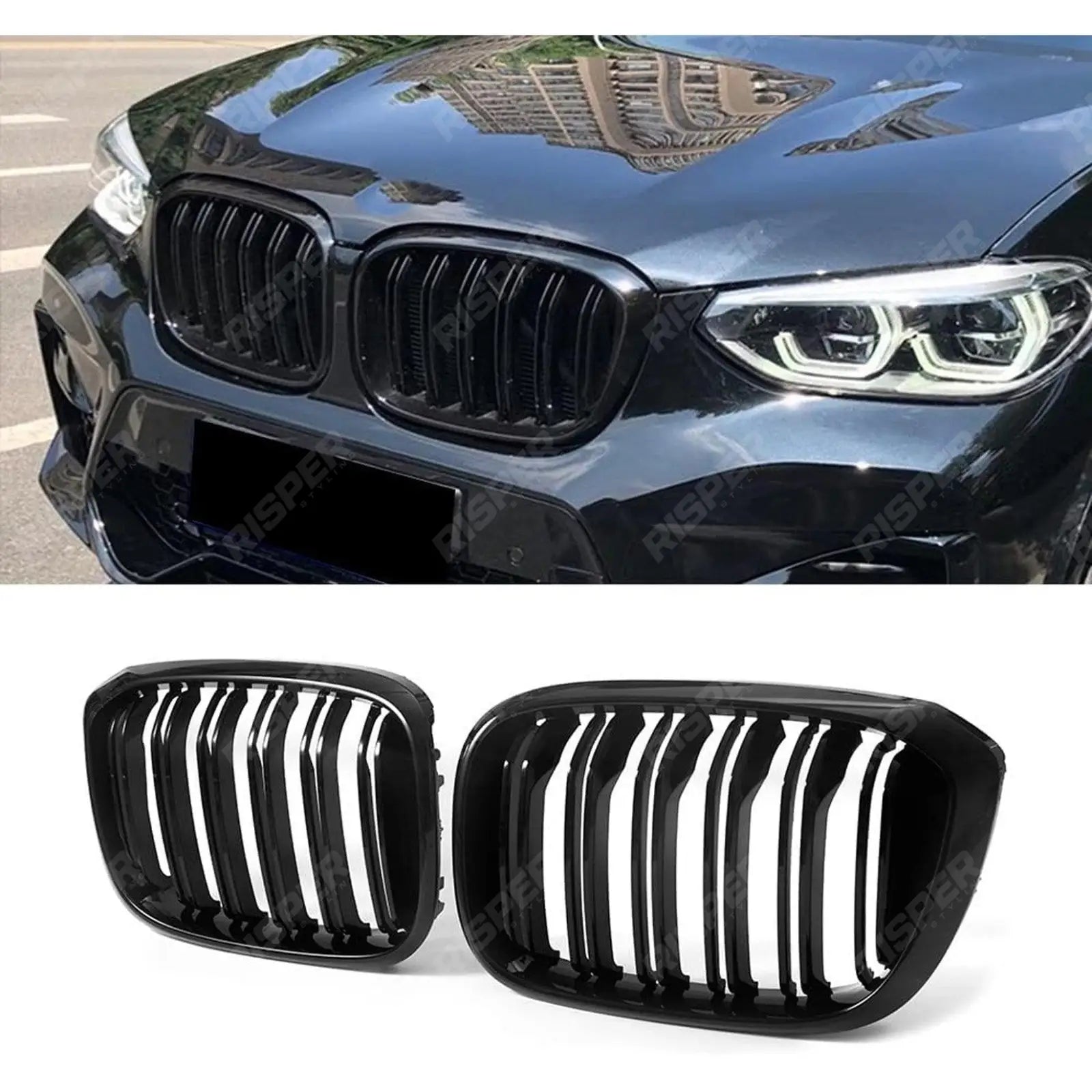 Gloss Black M Dual Slat Kidney Grill For BMW X3 G01 X4 G02 2018 - 2023