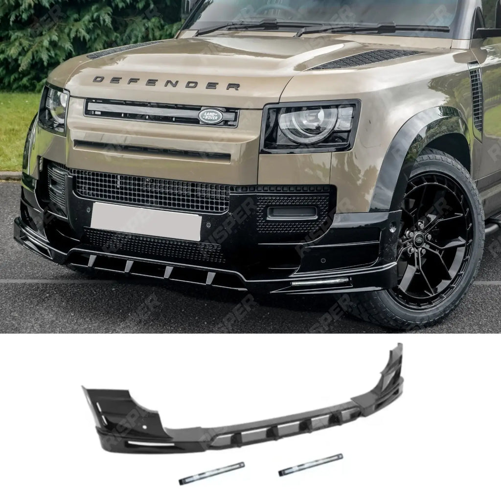 Land Rover Defender L663 2020 On - V2 Front Bumper Splitter With Led's In Gloss Black