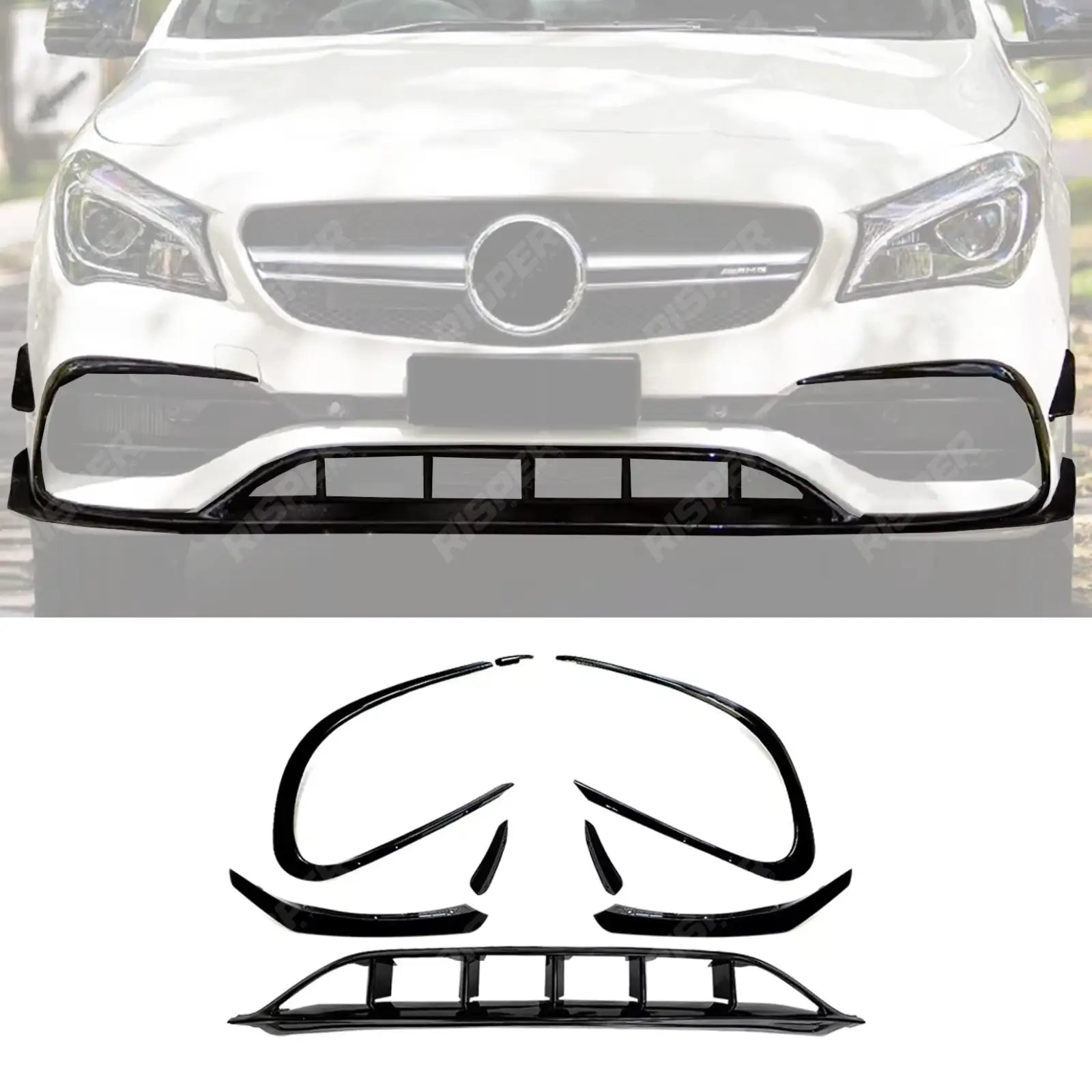 MERCEDES CLA C117 AMG LINE 2016-2019 FRONT SPLITTER LIP WITH CANARDS IN GLOSS BLACK