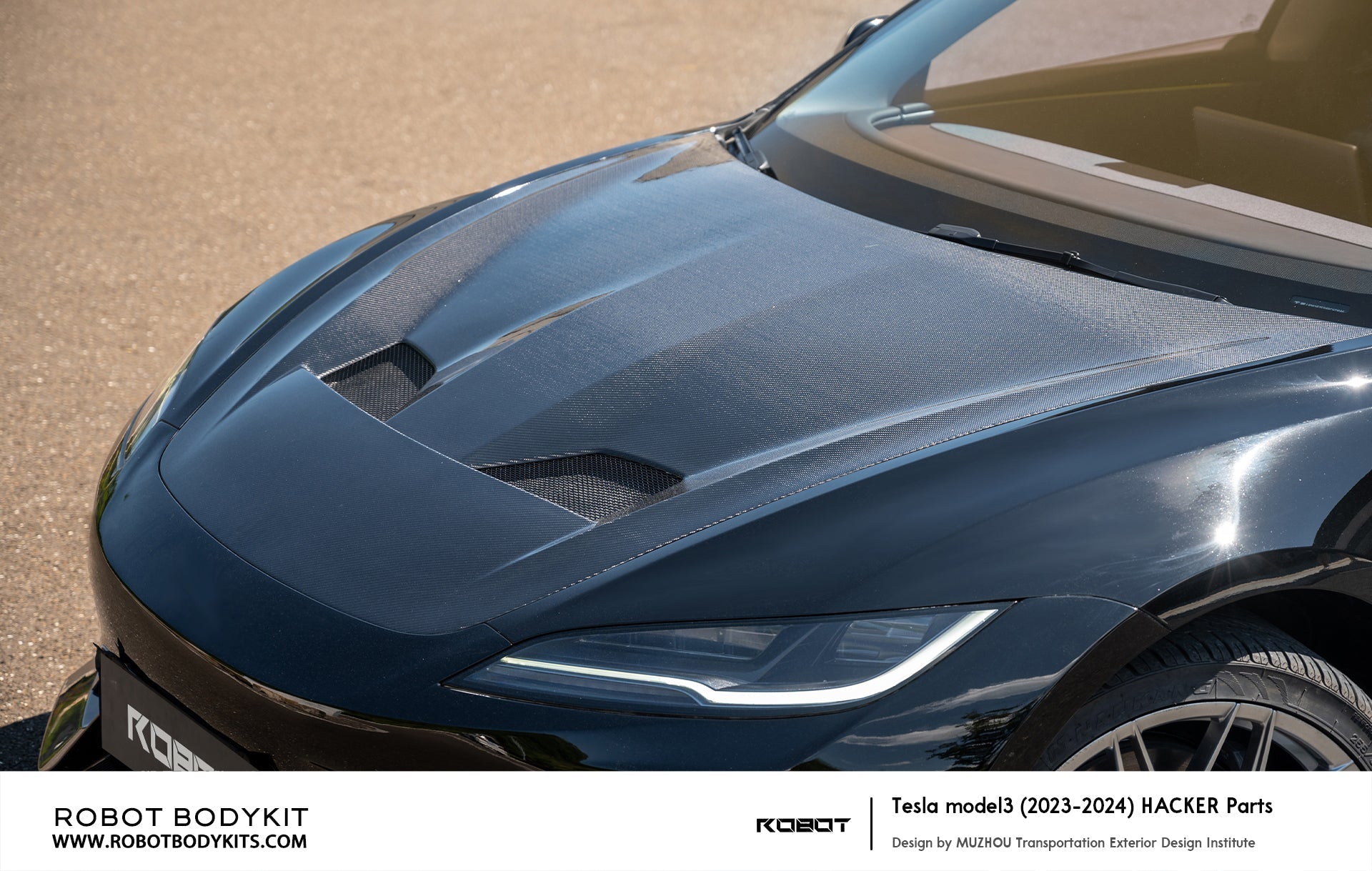 ROBOT - TESLA MODEL 3 HIGHLAND 2024+ FRP / CARBON FIBRE FRONT HOOD BONNET "HACKER" STYLE