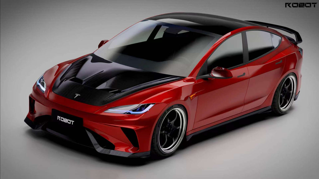 ROBOT - TESLA MODEL 3 HIGHLAND 2024+ FRP / CARBON FIBRE FRONT HOOD BONNET "HACKER" STYLE