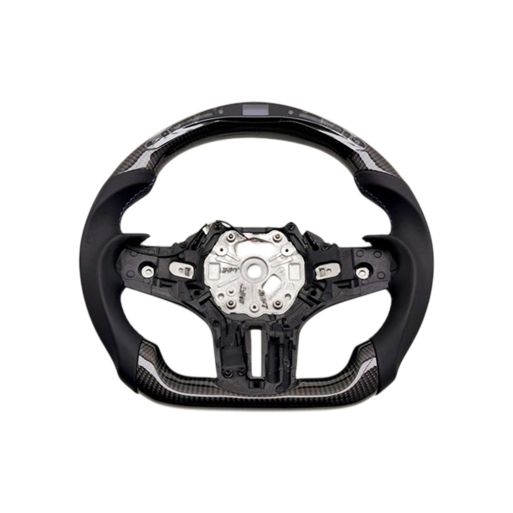 SHFT BMW G8X Flat Bottom Steering Wheel (Aggressive Grips) In Gloss Carbon Fibre & Leather With LED Display (G80 M3, G82 M4 & G87 M2)