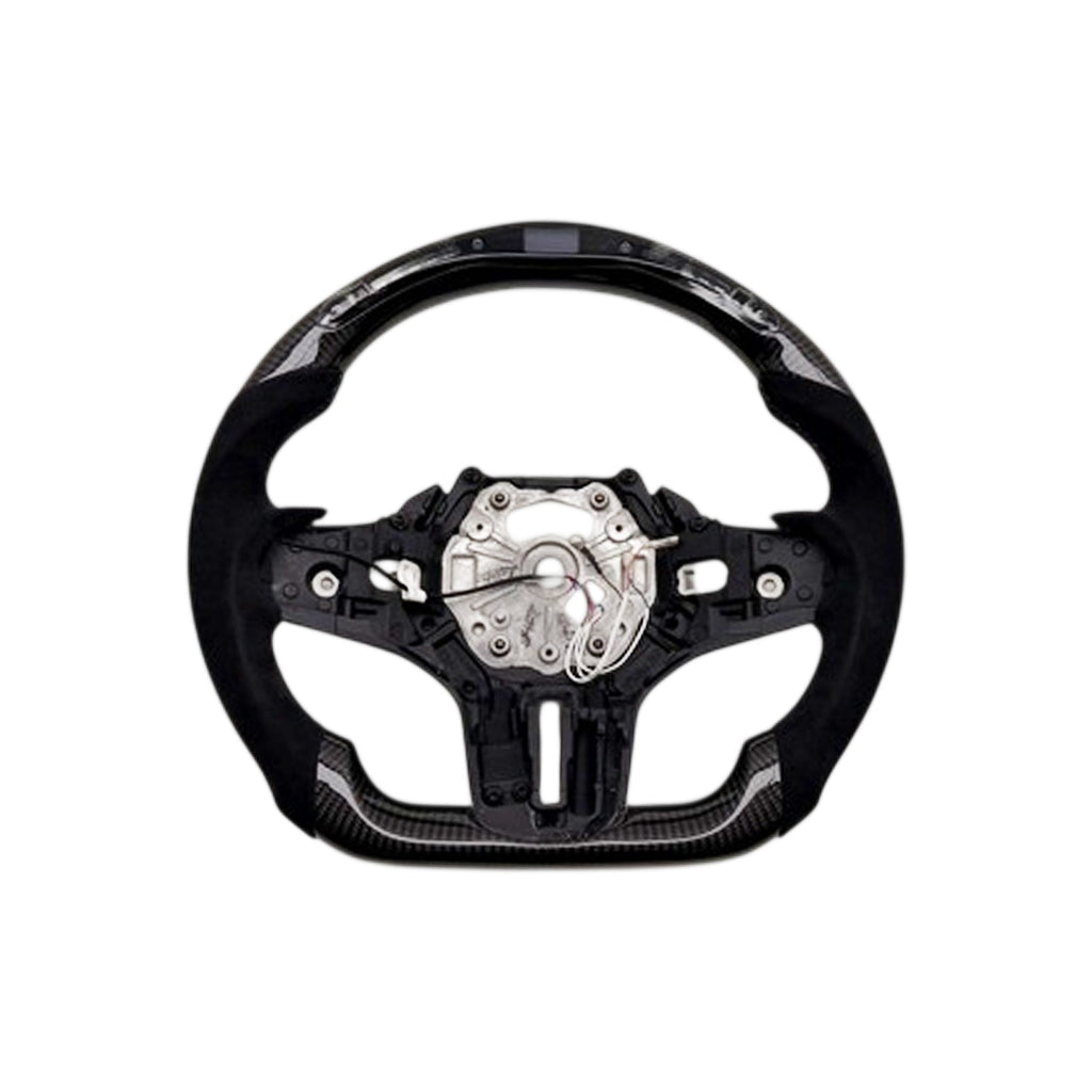 SHFT BMW G8X Flat Bottom Steering Wheel (Agressive Grips) In Gloss Carbon Fibre & Alcantara With LED Display (G80 M3, G82 M4 & G87 M2)